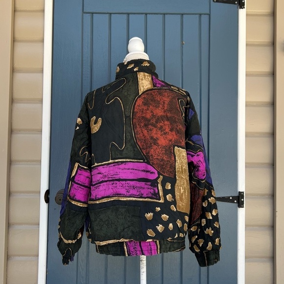 Vintage Reversible, Bomber Jacket 100% Silk 90's Abstract Print Men Size Medium - Picture 3 of 8